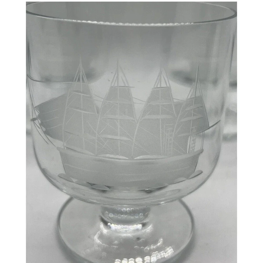 Vintage Crystal Whiskey Glasses Toscany Etched Clipper Ship Nautical Tumbler (2)